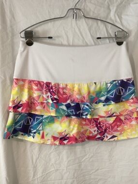 Lucky in Love White Skort with Multicolor Geometric Ruffle